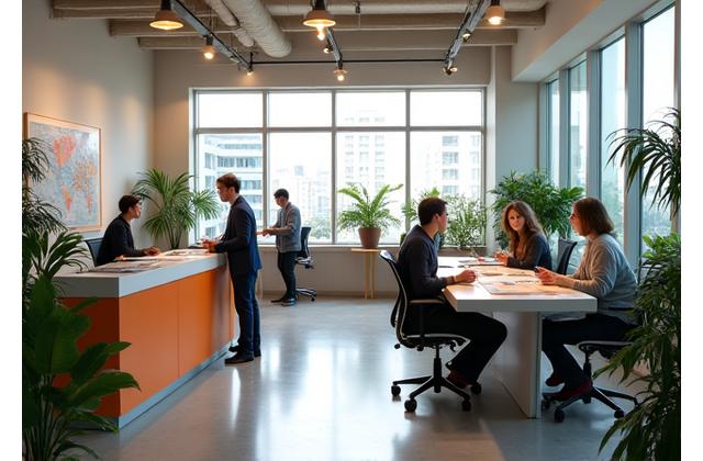 Équipe d'Horizons Voyageurs travaillant dans un bureau moderne et lumineux