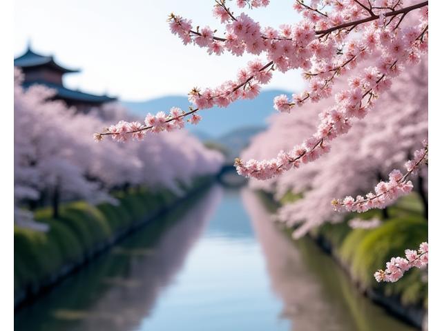 Arbres en fleurs (Sakura) le long d'une rivière à Kyoto, Japon, avec des temples en arrière-plan