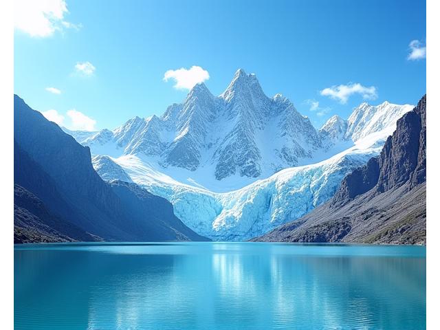 Chaîne de montagnes enneigées en Patagonie avec lac clair et ciel bleu