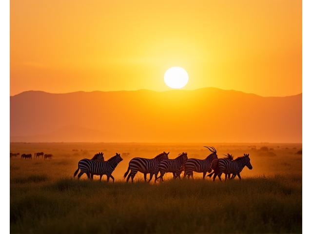 Un troupeau de zèbres et de gnous traversant la savane en Tanzanie au lever du soleil