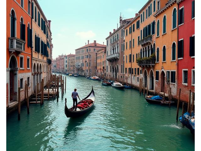 Gondole sur un canal de Venise avec des bâtiments historiques en arrière-plan